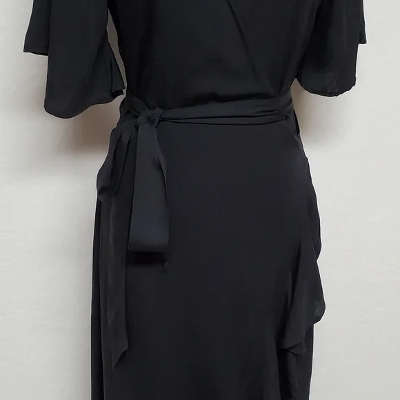 KOKO+MASON Black V-neck Asymmetric Ruffle Hem Butterfly Sleeve Wrap Dress Medium - Picture 7 of 16